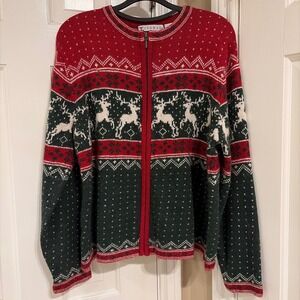 Cignal Vintage Reindeer Fair Isle Zip Front Cardigan Sweater Red Green Wool L